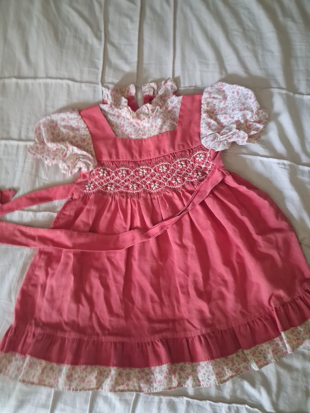 Vintage Polly Flinders Coral Pink Smocked Floral Puff-Sleeve Dress